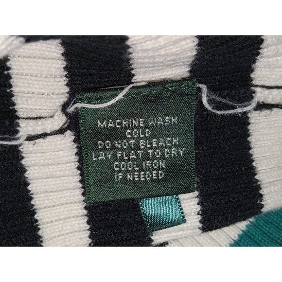 Lauren Ralph Lauren Rib Knit Sweater Womens Large Green Black Stripe Gold Button - Picture 8 of 9